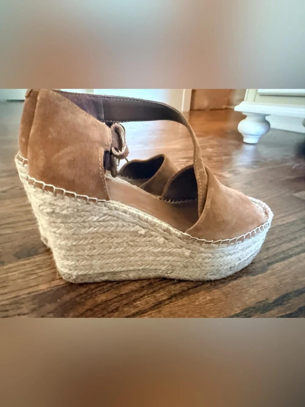 Marc Fisher Tan Suede Espadrille Wedge Sandals with Ankle Strap